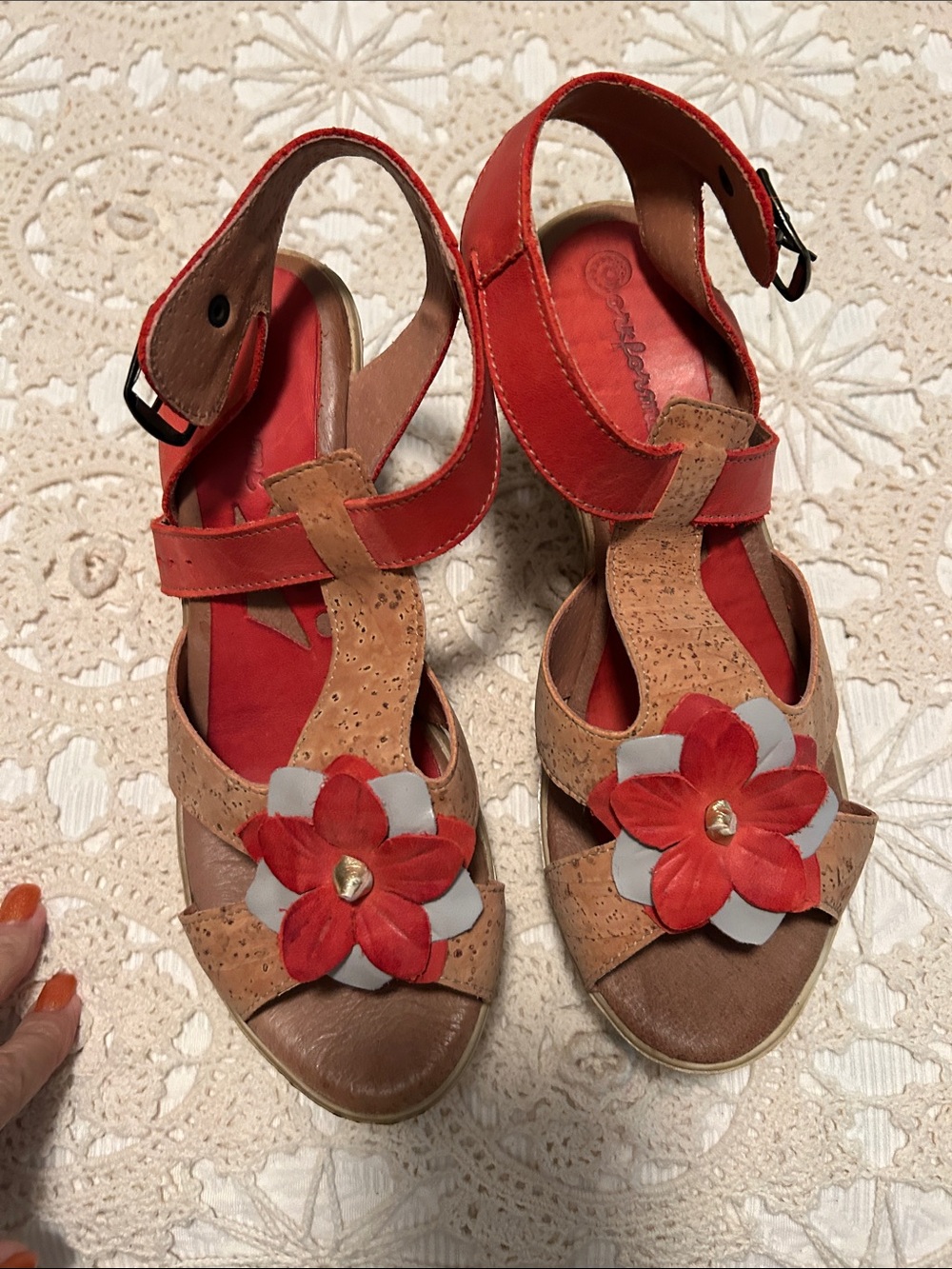 Red Floral Cork Wedge Sandals with Ankle Strap